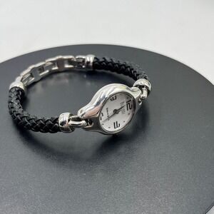 Ecclissi Vintage Sterling Silver Face Black Braided Leather Bracelet Watch Works